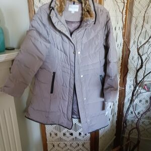 Cole Haan Women's Taupe Puffer Jacket with Fur Collar